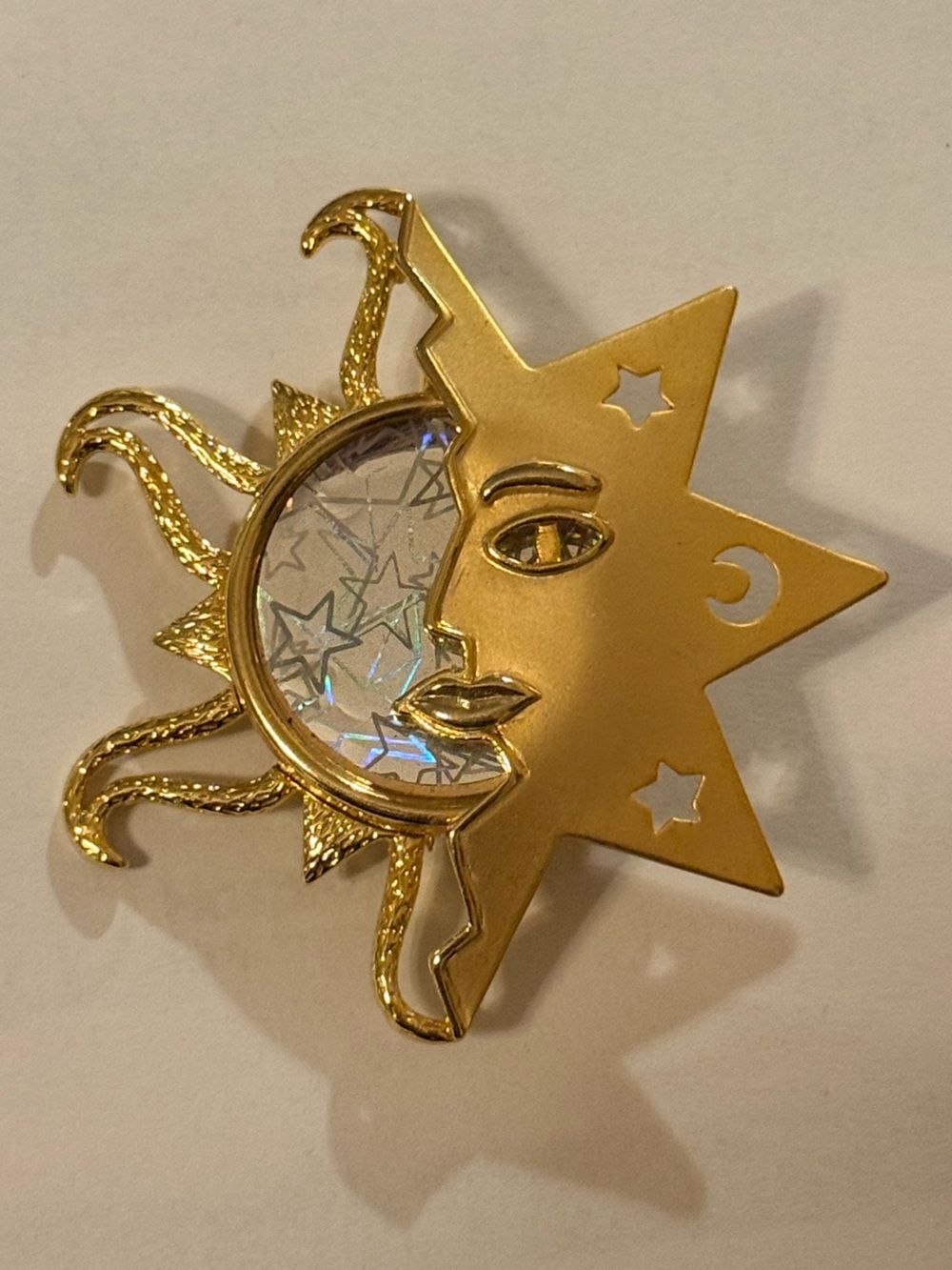Celestial Sun & Moon Holographic and Gold-Tone Brooch